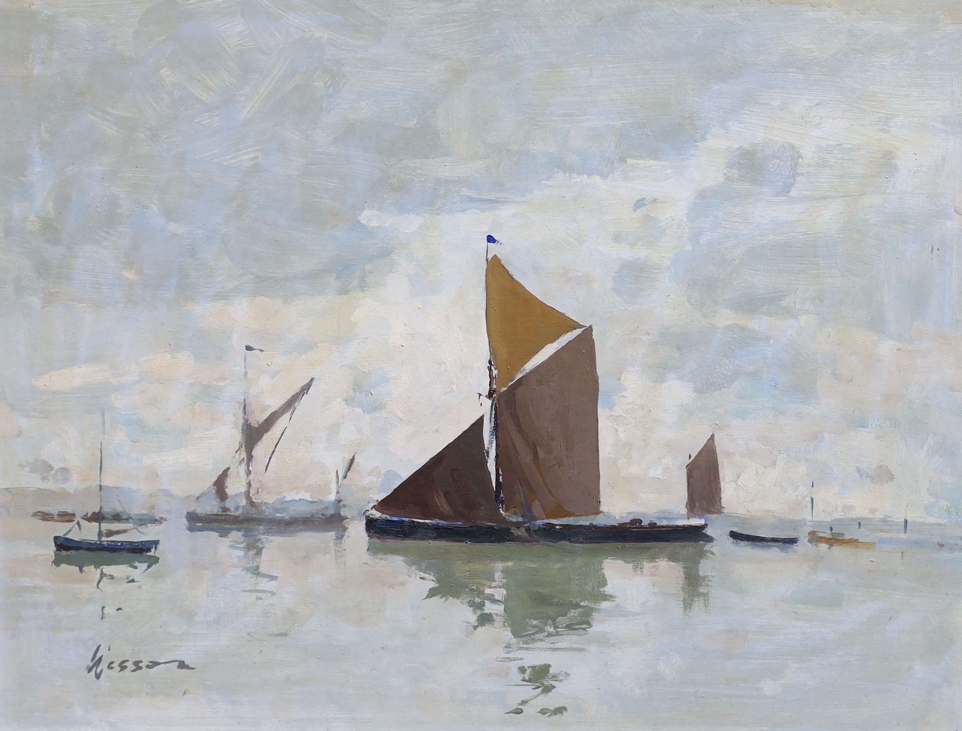 Edward Wesson (1910-1983), At The Moorings, oil on board, 34 x 44 cm